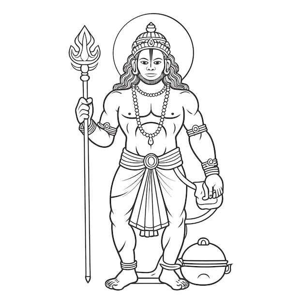 Vecteur croquis dessinés à la main dessin au trait unique page de coloriage dessin au trait seigneur hanuman jour