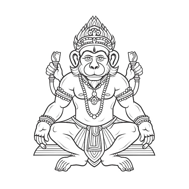 Vecteur croquis dessinés à la main dessin au trait unique page de coloriage dessin au trait seigneur hanuman jour