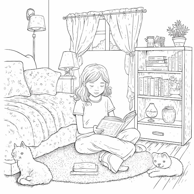 Vecteur croquis dessinés à la main dessin au trait unique page à colorier dessin au trait les femmes lisent le jour du livre