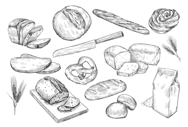 Vecteur croquis dessinés à la main de différents pains