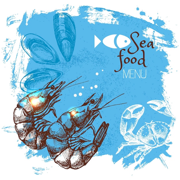 Croquis dessinés à la main illustration vectorielle de fruits de mer Fond d'affiche de la mer Conception de menus