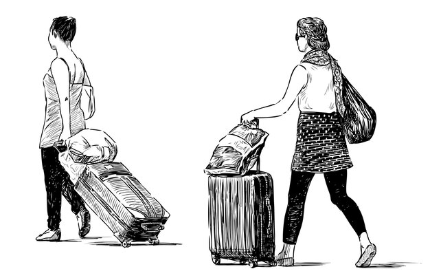 Vecteur des croquis de deux jeunes femmes décontractées avec des valises et des sacs qui partent en vacances d'été.