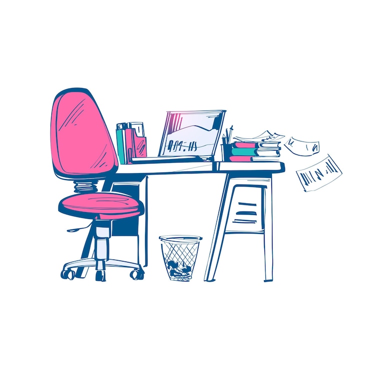 Vecteur croquis du lieu de travail de bureau intérieur avec ordinateur et documents. bureau de travail. modèle pour les concepteurs, hommes d'affaires et indépendants. abstraction de couleur dessinée à la main. illustration vectorielle.