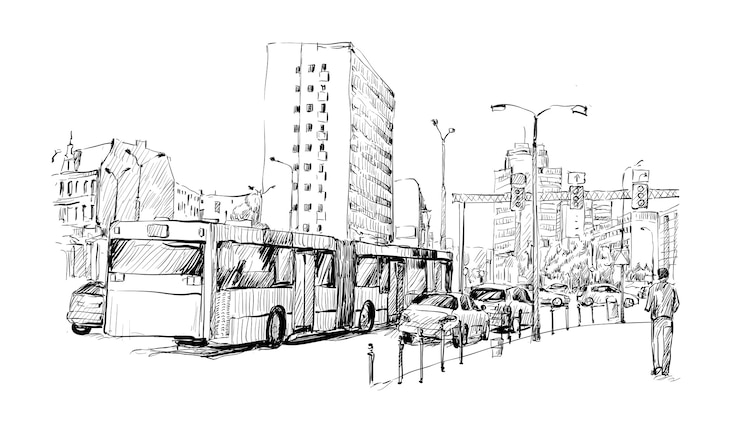 Vecteur croquis du paysage urbain en allemagne montrent les embouteillages et la sportation à berlin