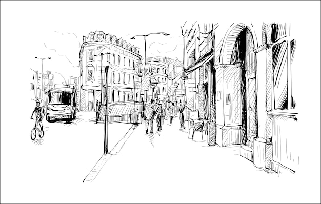 Croquis Du Paysage Urbain à Londres Montrent Promenade Et Architecture Ancienne, Illustration