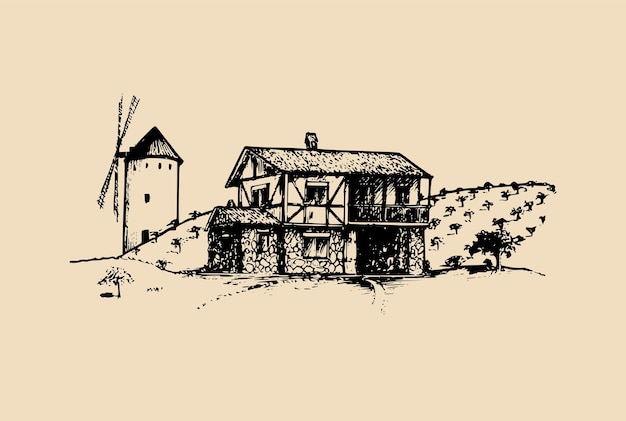 Croquis du village avec champs de moulins à vent et maison de paysans Illustration de paysage rural vectoriel Ferme méditerranéenne dessinée à la main pour carte d'affiche, etc.