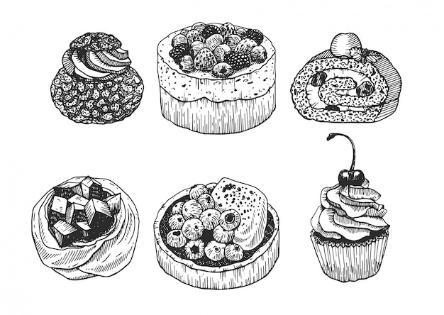 Vecteur croquis à l'encre de desserts. collection de gâteaux dessinés à la main: tarte, roulade, meringues et cupcake