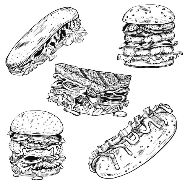 Croquis D'ensemble De Hot-dogs Sandwich Burger Cheeseburger