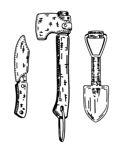 Vecteur des croquis d'équipements de camping, d'outils de randonnée, d'un ensemble de pelle, de couteau, de hache, d'illustrations vectorielles dessinées à la main.