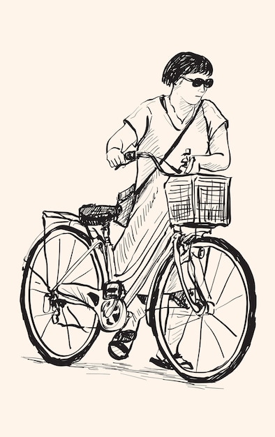 Croquis d'une femme à pied à vélo, illustration de dessin à main levée