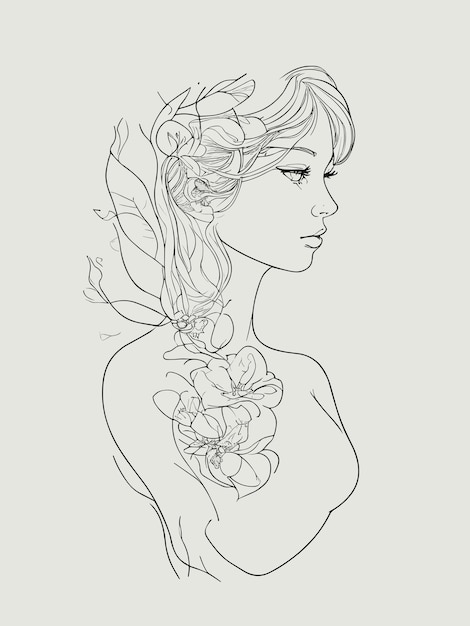 Vecteur un croquis d'une femme avec un tatouage de fleurs sur son épaule