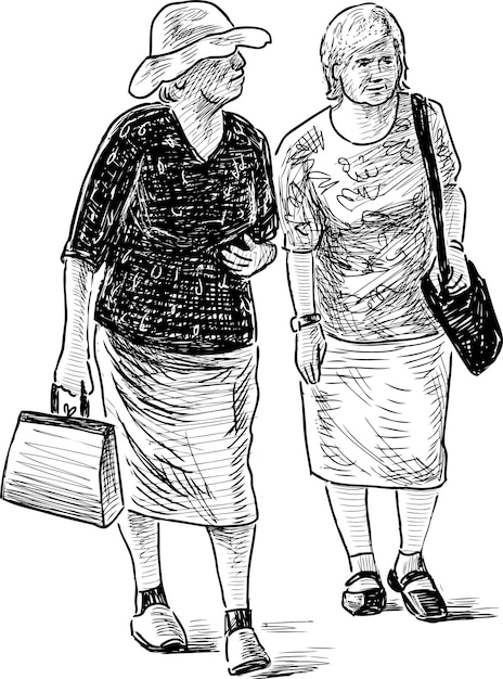 Vecteur croquis des femmes âgées en promenade