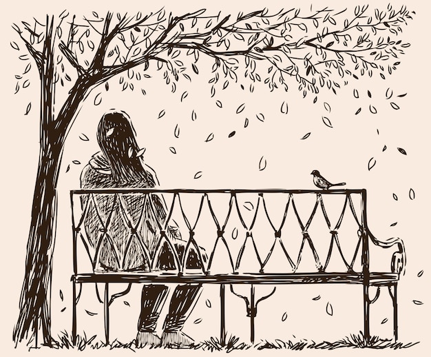 Croquis D'une Fille Solitaire Assise Sur Un Banc Dans Un Parc En Automne