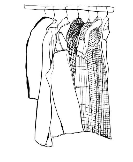 Croquis De Garde-robe Dessiné à La Main Vêtements Sur Les Cintres