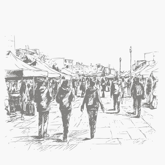 Vecteur croquis des gens marchent dans la rue au marché local croquis dessiné à la main