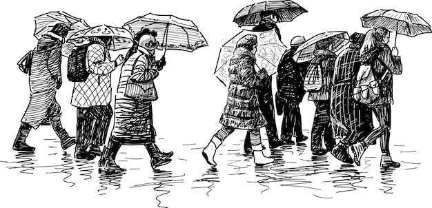 Des croquis de gens se pressent sous la pluie