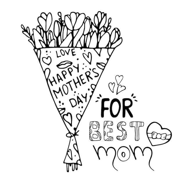 Croquis De Griffonnage Dessiné à La Main De Bouquet De Fleurs, Coeurs, Lèvres, Boîte De Chocolats Avec Un Arc. Lettrage Pour La Meilleure Maman. Concept De Cadeau De Vecteur Pour Carte De Design, Invitation à Célébrer La Fête Des Mères.