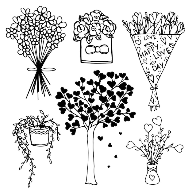 Croquis De Griffonnage Dessiné à La Main De Bouquet De Fleurs En Fleurs, Feuilles, Arbre Avec Coeurs, Rose, Plante, Camomille, Vase. Vecteur Pour Carte De Conception, Invitation, Anniversaire, Fête Des Mères, Fête Des Femmes, Saint-valentin