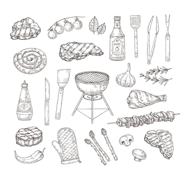 Vecteur croquis grillades outils de barbecue sauces et viande éléments de barbecue de gravure dessinés à la main ensemble d'illustrations vectorielles