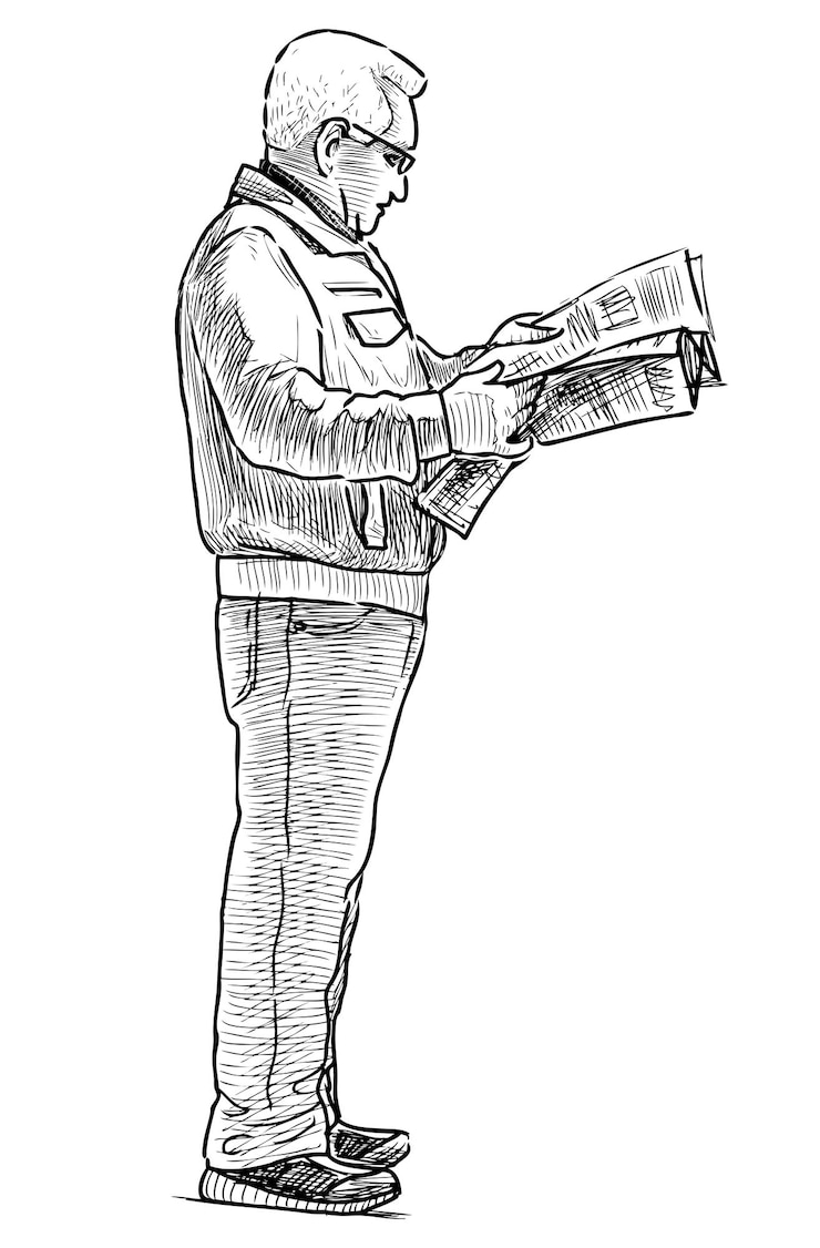Vecteur croquis d'un homme âgé debout et lisant un journal