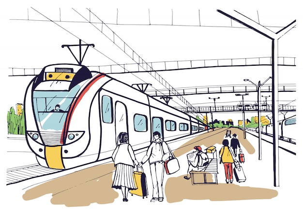 Croquis Horizontal Coloré Avec Des Gens, Des Passagers En Attente De Train électrique De Banlieue D'arrivée. Illustration Dessinée à La Main.