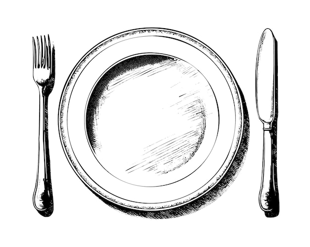 Vecteur un croquis d'illustration vectorielle dessinée à la main réaliste d'une assiette vide avec des couverts, y compris un couteau et une fourchette symbolisant l'heure du repas