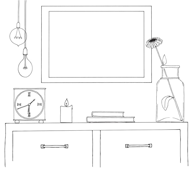 Vecteur croquis de l'intérieur une table une table de chevet une étagère avec divers objets d'intérieur peut servir de maquette cadre pour vos graphismes