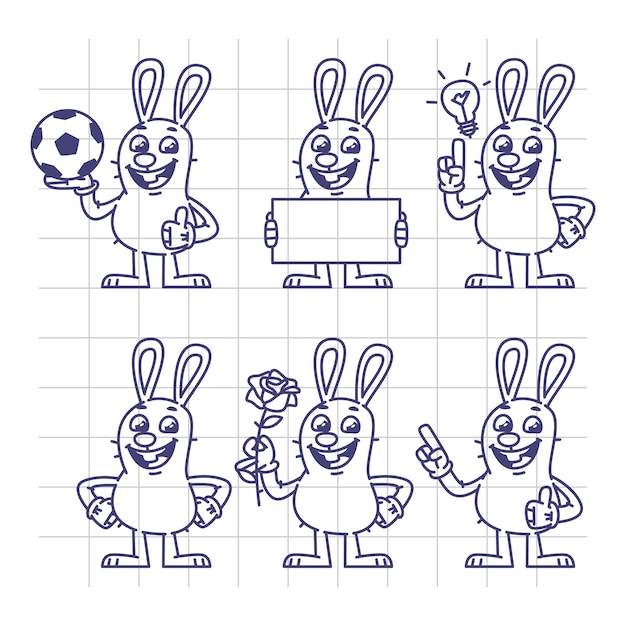 Vecteur croquis lapin tient ballon football plaque signalétique vide fleur ensemble caractères illustration vectorielle