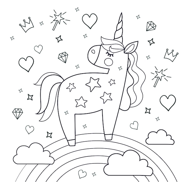 Croquis De Licorne De Dessin Animé. Images Minimalistes Pour Les Enfants. Matériel De Coloriage Et D'apprentissage, Jeu Utile, Imagination. Divertissement, Images Spéciales. Dessin Au Trait, Contour. Illustration De Vecteur Plat De Dessin Animé