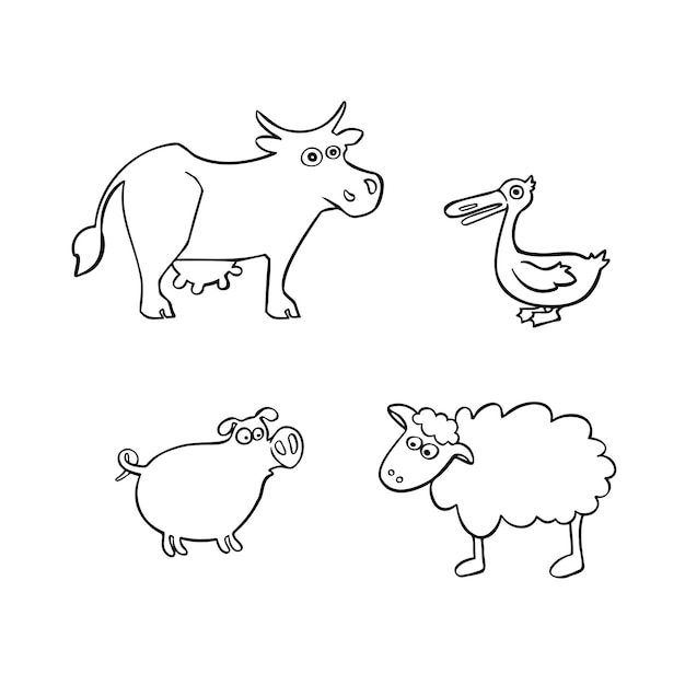 Croquis De Ligne De Dessin Animé Mis Illustration Vectorielle D'animaux Domestiques Et De Ferme