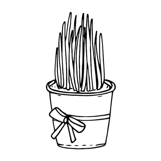 Croquis de lignes noires d'herbe en pot mignon