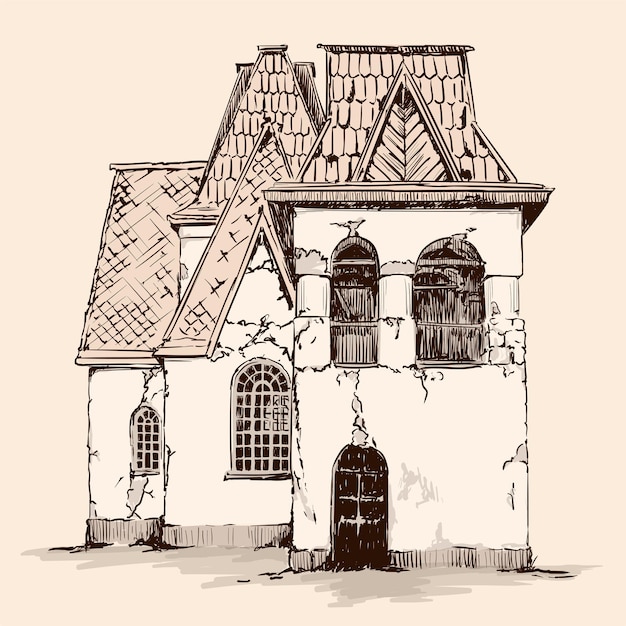 Croquis de la main sur un fond beige. Ancienne maison en pierre rustique de style russe avec un toit en bois.