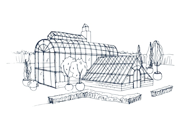 Croquis à Main Levée De L'extérieur Du Jardin Botanique Exotique Entouré De Buissons Et D'arbres Poussant Dans Des Pots. Dessin Approximatif De La Façade De La Serre En Verre. Illustration Dessinée à La Main Monochrome.