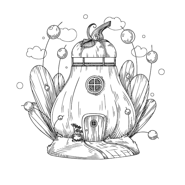 Croquis D'une Maison De Citrouille Fantastique. Maison De Gnome Citrouille De Dessin Animé. Vecteur