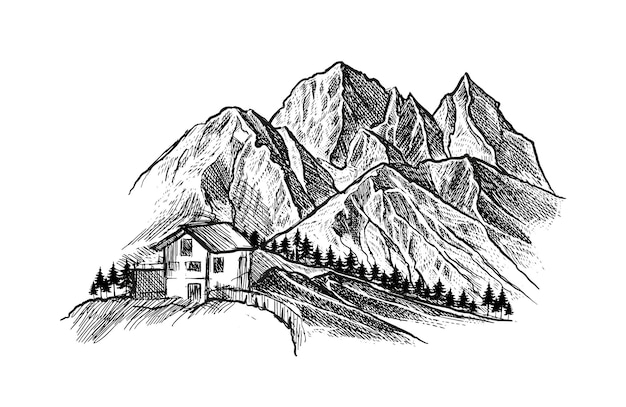 Vecteur un croquis d'une maison à la montagne