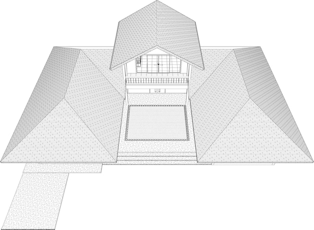 Vecteur un croquis d'une maison avec une petite piscine au milieu.