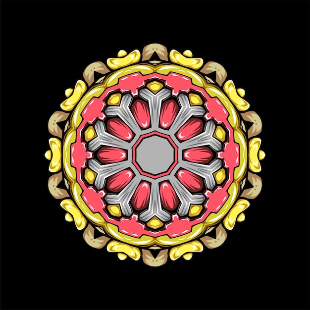 Un Croquis D'un Mandala Doré Avec Une Fleur Rouge Au Centre.
