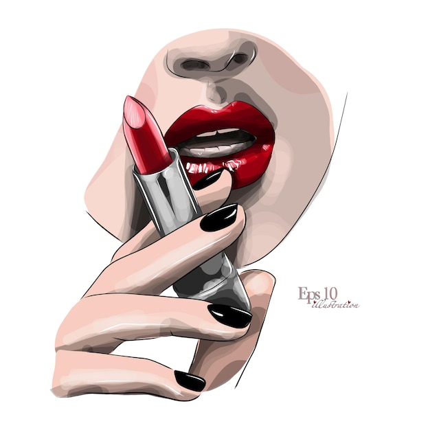Croquis de mode et de style très proche par femme appliquant le maquillage de rouge à lèvres rouge foncé