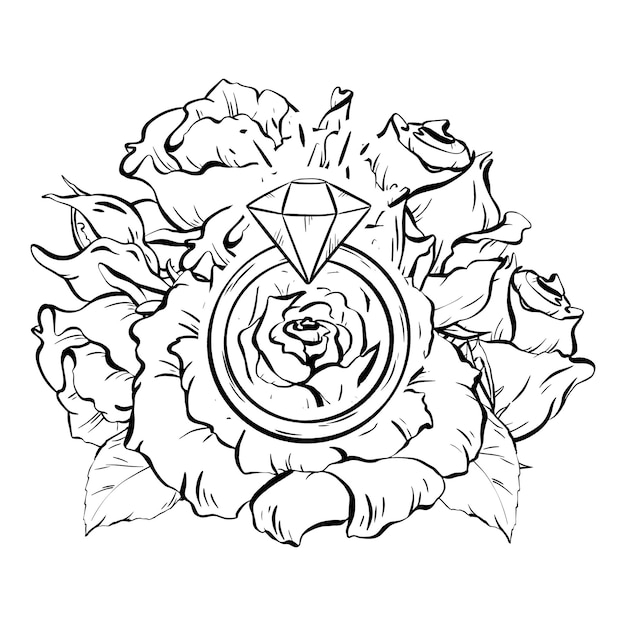 Vecteur un croquis monochrome d'une bague en diamant nichée dans une fleur de rose