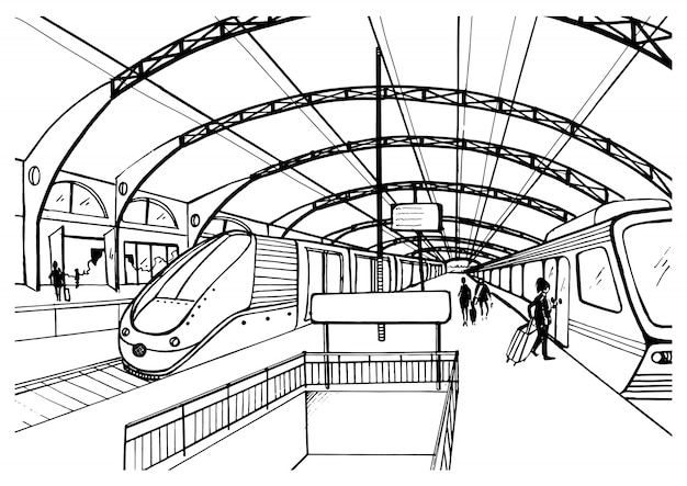 Vecteur croquis monochrome avec gare. illustration en noir et blanc avec des trains rapides et des passagers modernes. illustration dessinée à la main.