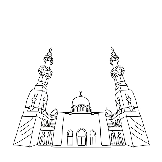 Vecteur croquis de mosquée trait noir de mosquée avec des minarets jumeaux et un dôme au centre de la ligne vectorielle ill