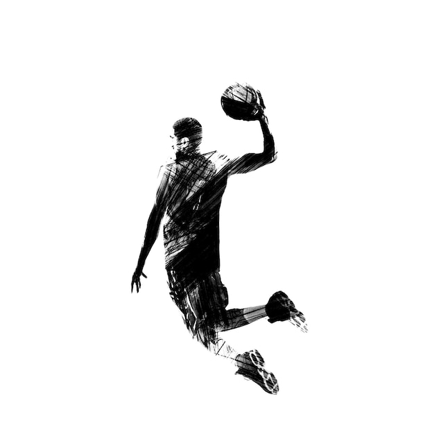 Un croquis noir d'un basketteur sautant pour le ballon