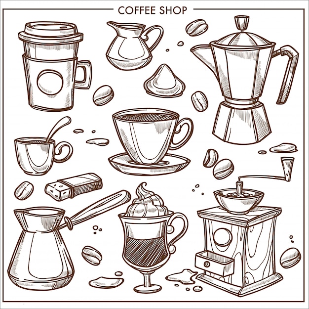 Vecteur croquis des outils d'équipement de café