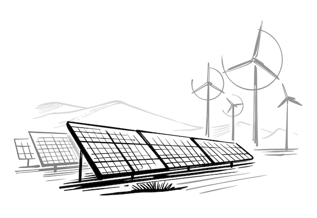 Vecteur croquis de panneau solaire durable d'alternative d'énergie d'écologie.