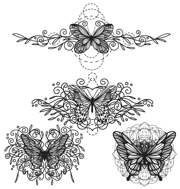 Croquis de papillon d'art de tatouage noir et blanc