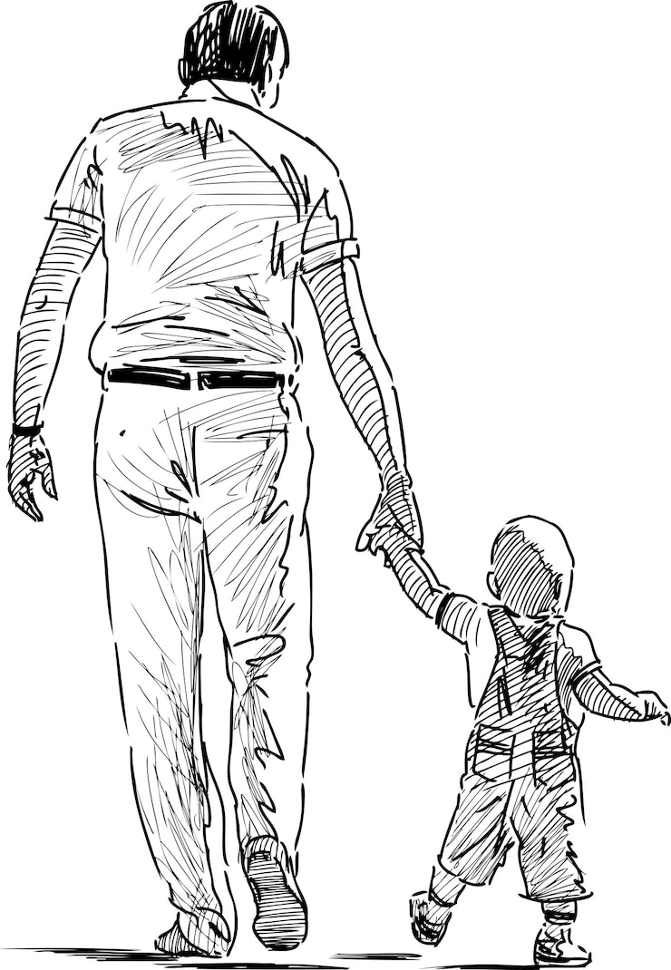 Vecteur croquis d'un père avec son petit fils descendant la rue
