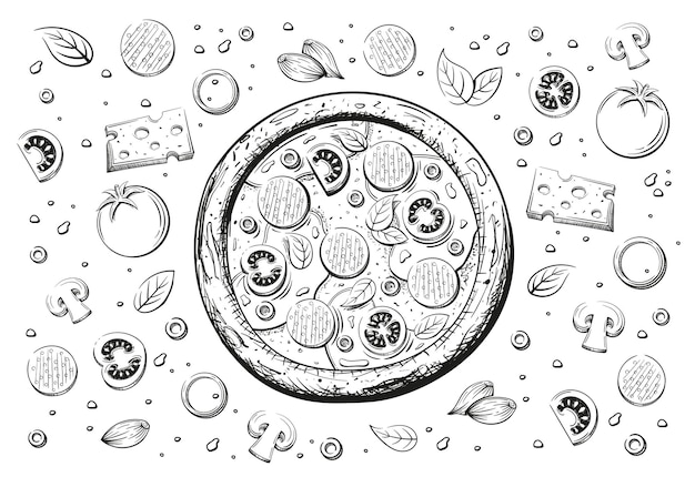 Vecteur croquis de pizza italienne isolé sur fond blanc