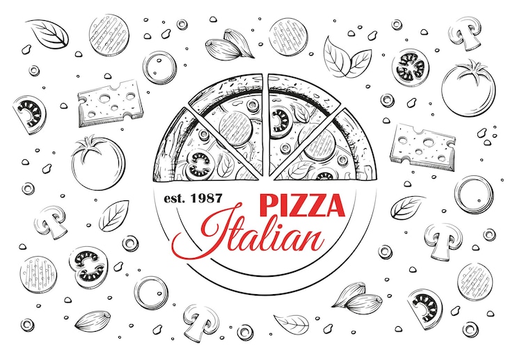 Vecteur croquis de pizza italienne et logo