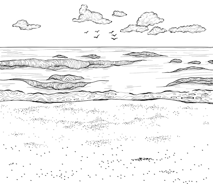 Vecteur croquis de la plage de sable et de la mer ondulée