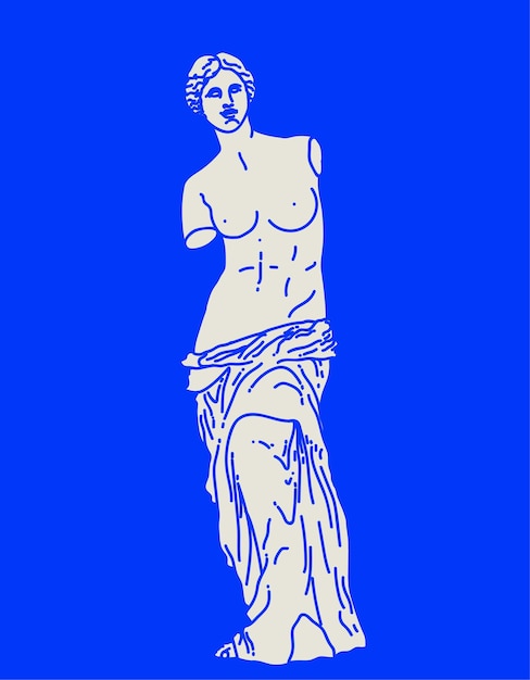 Vecteur croquis plat linéaire de la statue antique de vénus de milo dans la couleur blanche d'isolement sur le fond bleu